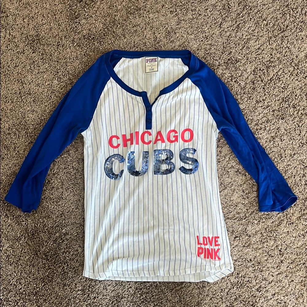 PINK Victoria's Secret Chicago Cubs Blue and White Long Sleeve Tee